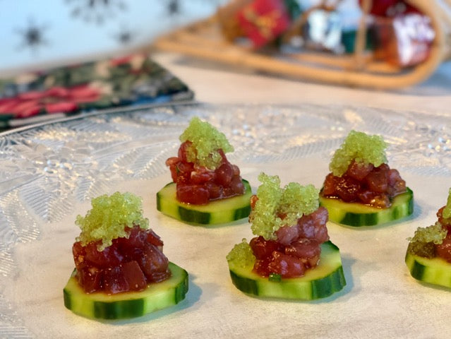 A "Warming" Twist to Sushi - Tuna Sashimi with Wasabi Tobiko on Cucumber